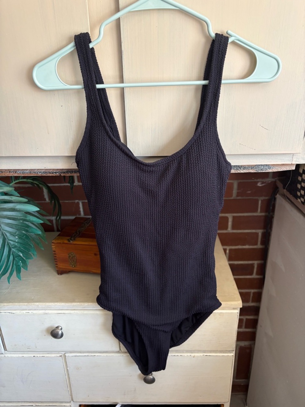 Time and Tru Black Textured Scoop One-Piece Swimsuit
